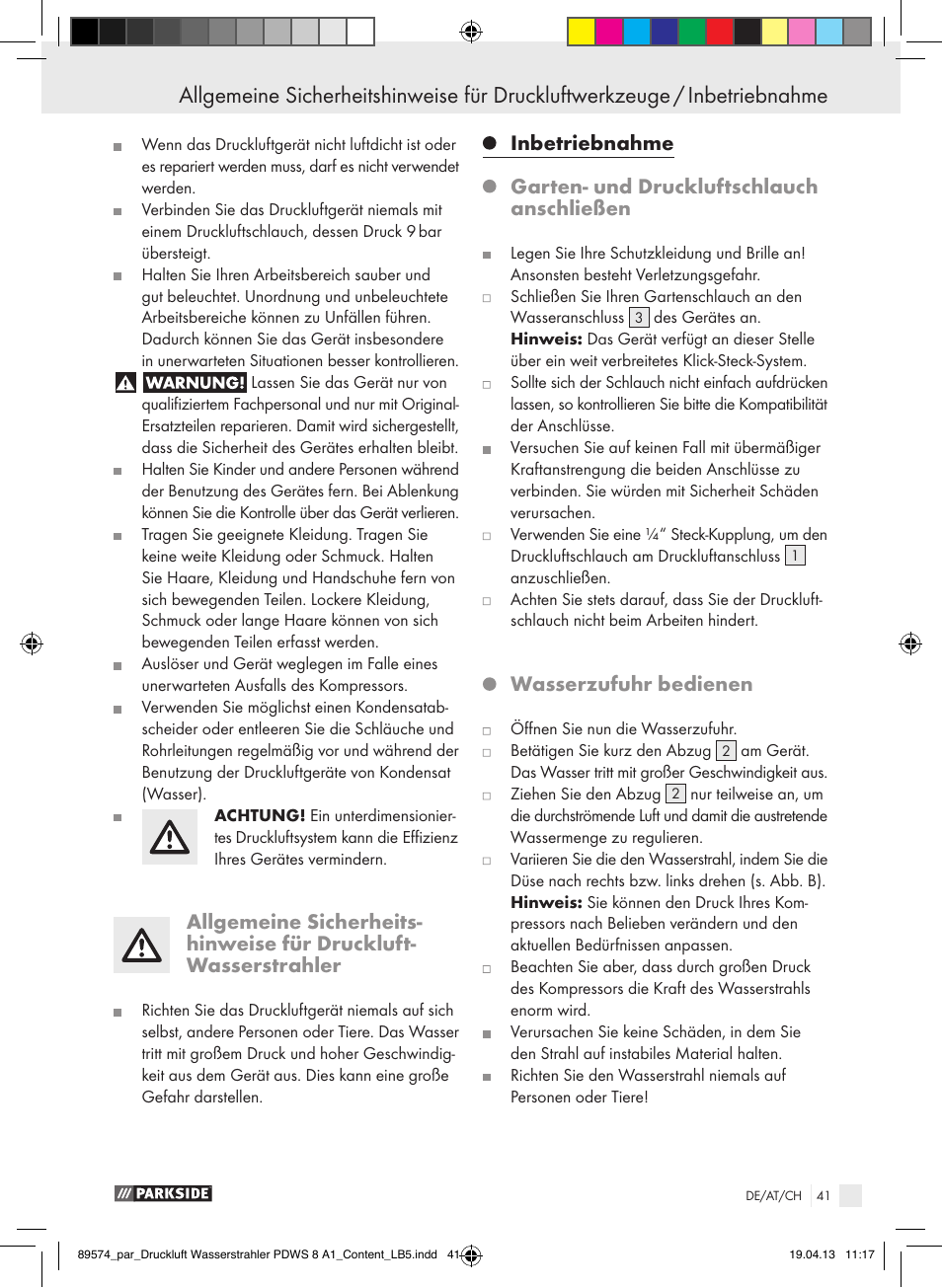 Wasserzufuhr bedienen | Parkside PDWS 8 A1 User Manual | Page 41 / 44