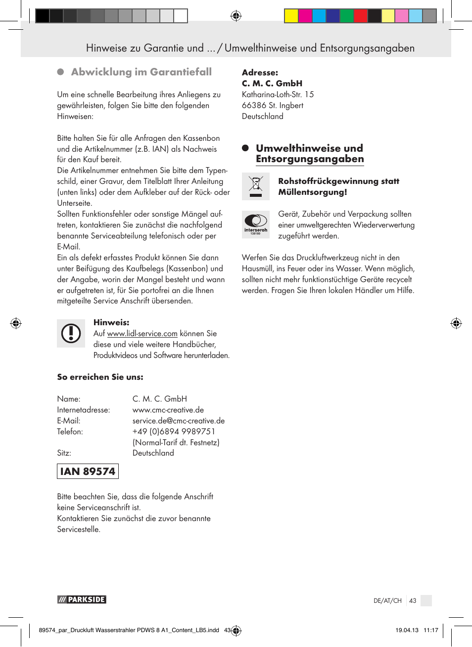 Abwicklung im garantiefall, Umwelthinweise und entsorgungsangaben | Parkside PDWS 8 A1 User Manual | Page 43 / 44