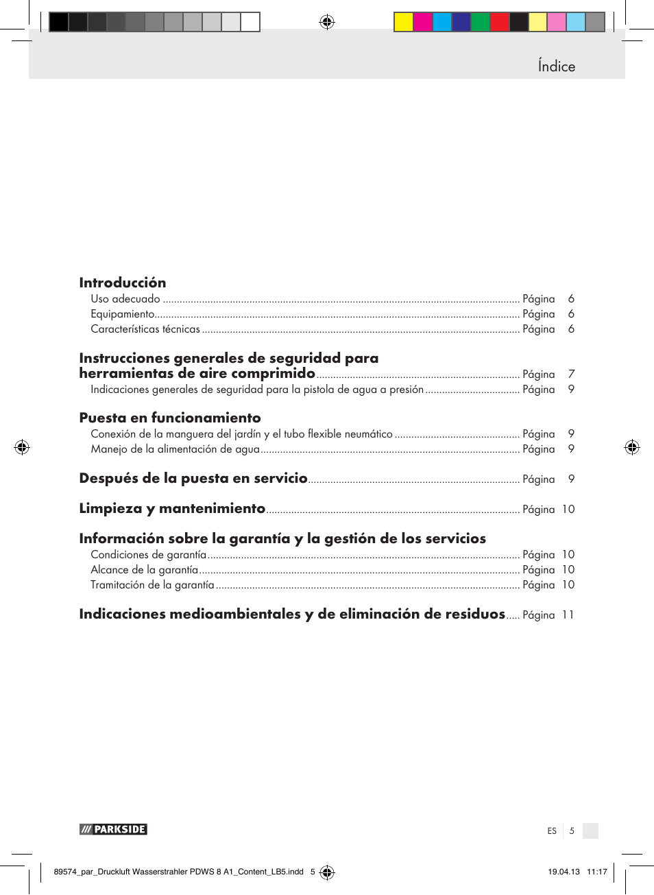 Índice | Parkside PDWS 8 A1 User Manual | Page 5 / 44