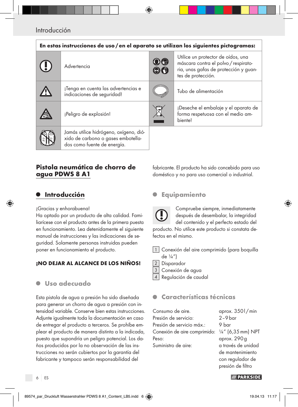 Uso adecuado, Equipamiento, Características técnicas | Parkside PDWS 8 A1 User Manual | Page 6 / 44