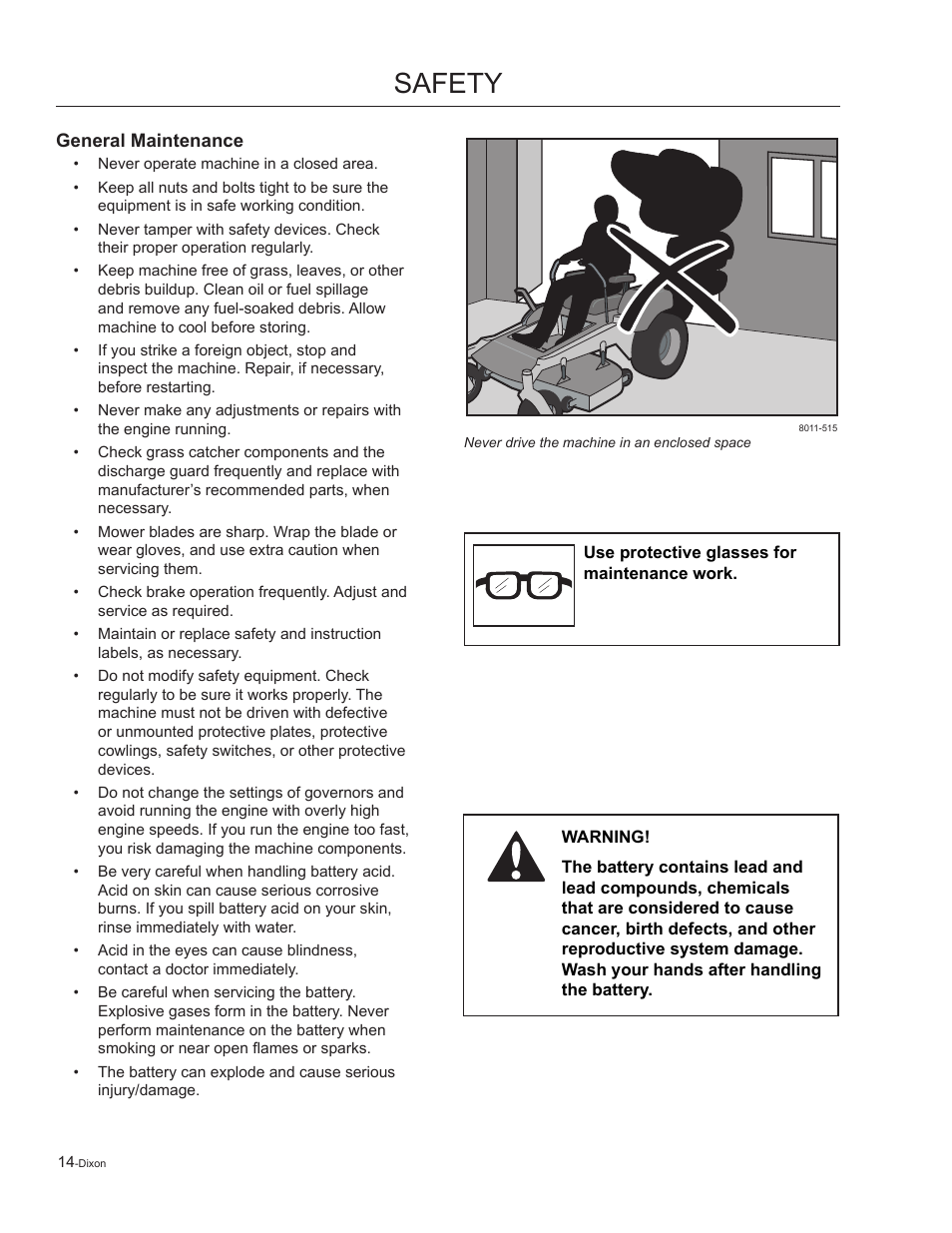 General maintenance, Safety | Dixon Kohler Ram Ultra 27 User Manual | Page 14 / 72