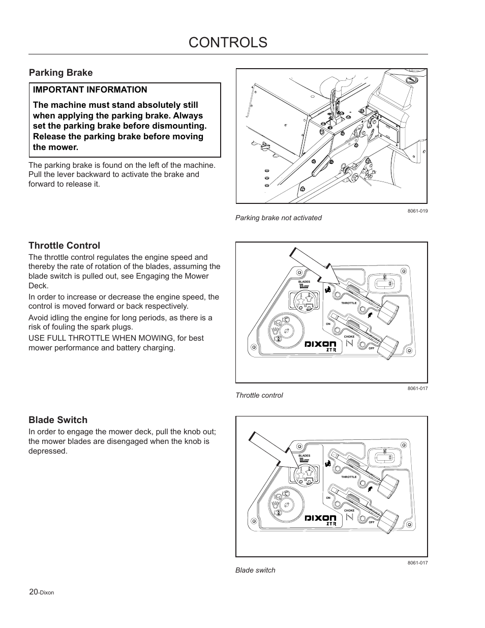 Parking brake, Throttle control, Blade switch | Controls | Dixon Kohler Ram Ultra 27 User Manual | Page 20 / 72