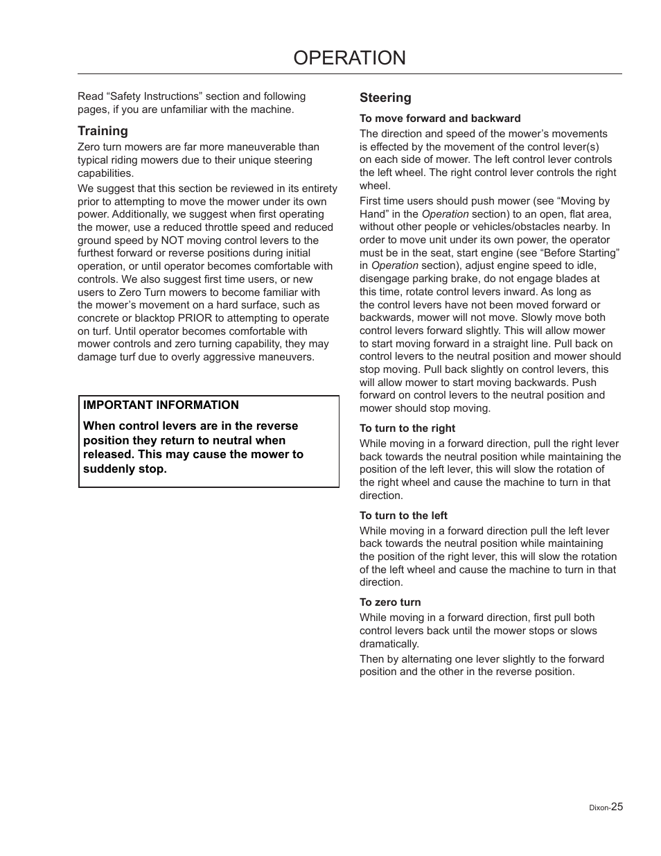 Operation, Training, Steering | Dixon Kohler Ram Ultra 27 User Manual | Page 25 / 72