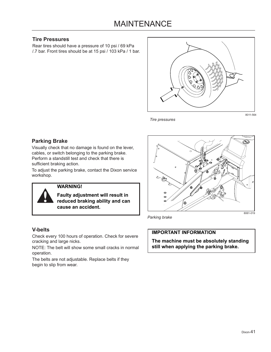Tire pressures, Parking brake, V-belts | Maintenance | Dixon Kohler Ram Ultra 27 User Manual | Page 41 / 72