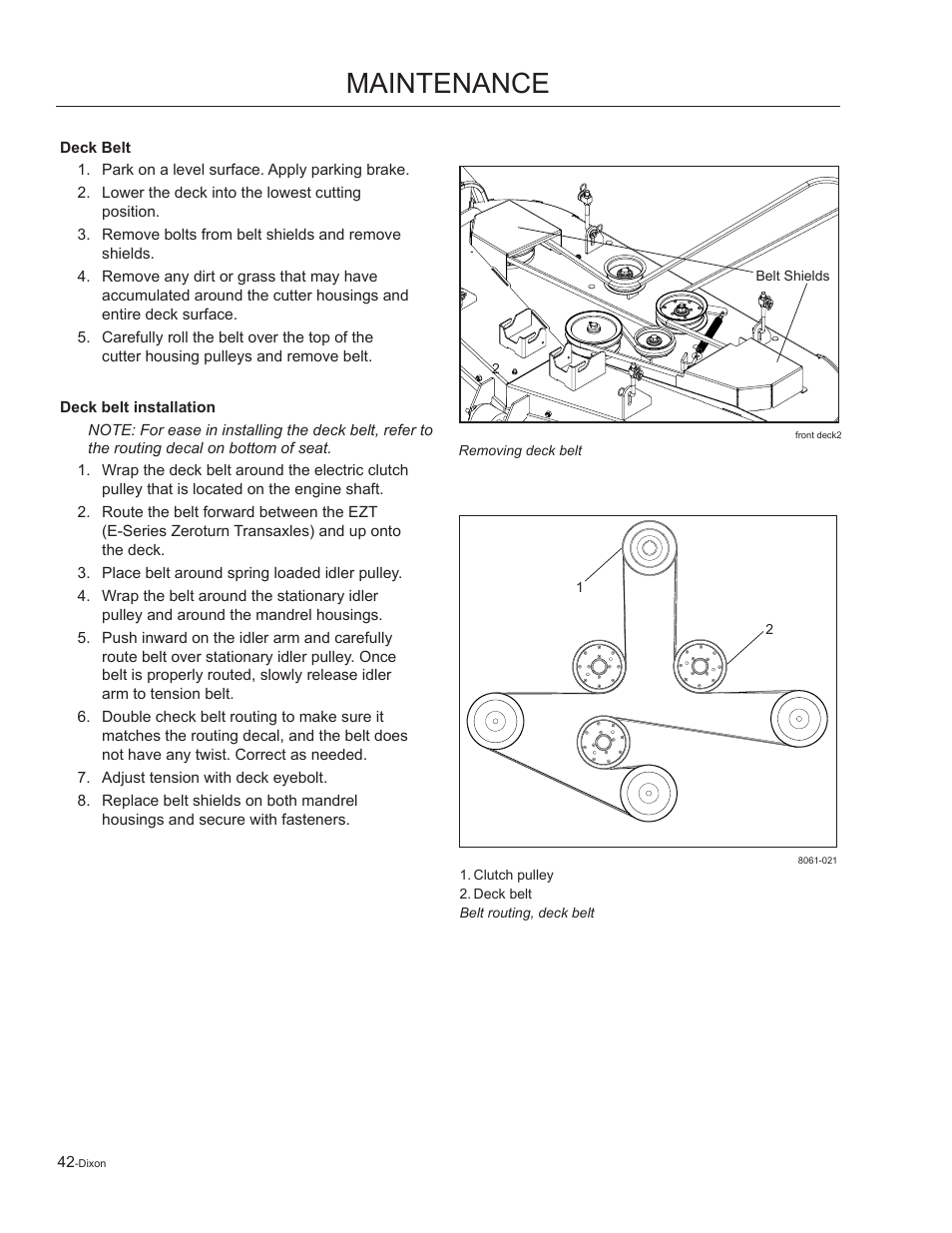 Deck belt, Maintenance | Dixon Kohler Ram Ultra 27 User Manual | Page 42 / 72