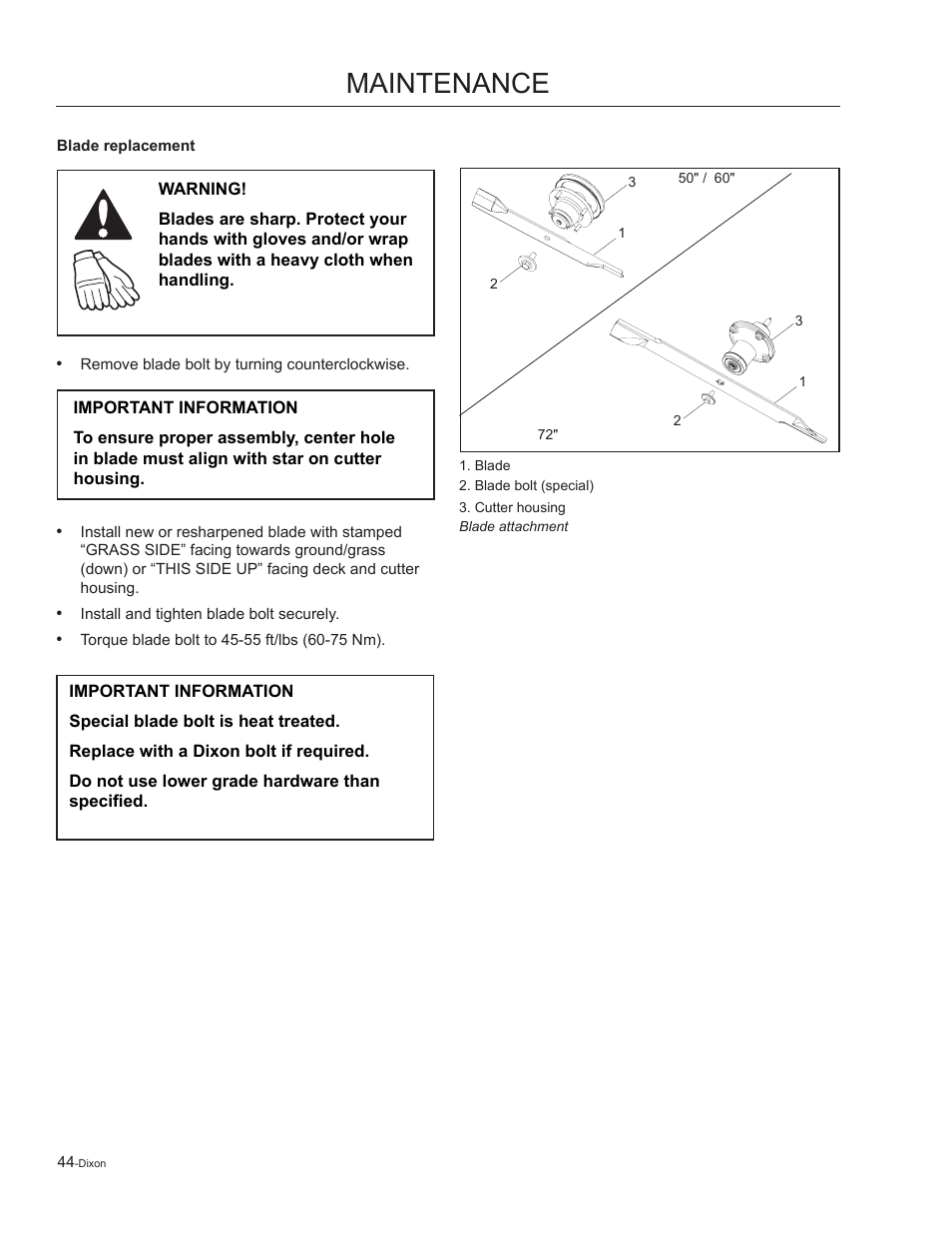 Blade replacement, Maintenance | Dixon Kohler Ram Ultra 27 User Manual | Page 44 / 72