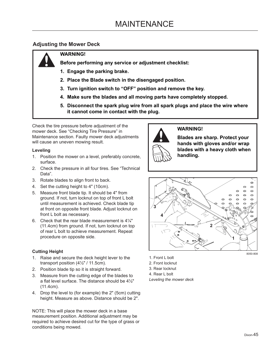 Adjusting the mower deck, Leveling, Cutting height | Maintenance | Dixon Kohler Ram Ultra 27 User Manual | Page 45 / 72