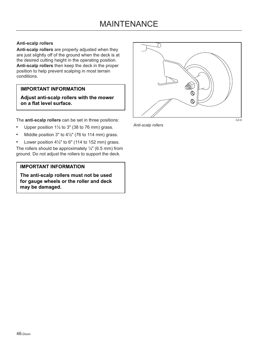 Anti-scalp rollers, Maintenance | Dixon Kohler Ram Ultra 27 User Manual | Page 46 / 72