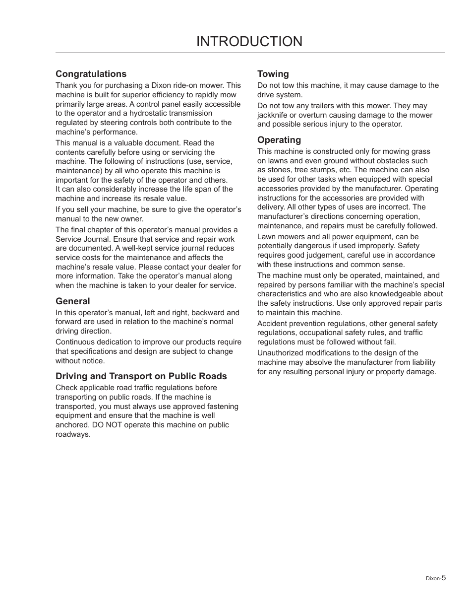 Introduction, General, Driving and transport on public roads | Towing, Operating | Dixon Kohler Ram Ultra 27 User Manual | Page 5 / 72