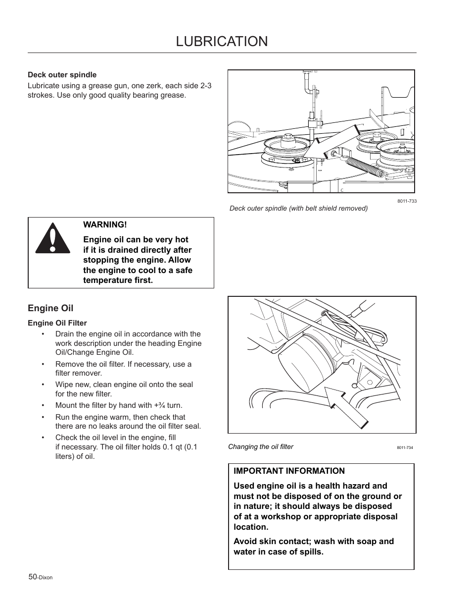 Deck outer spindle, Engine oil, Lubrication | Dixon Kohler Ram Ultra 27 User Manual | Page 50 / 72