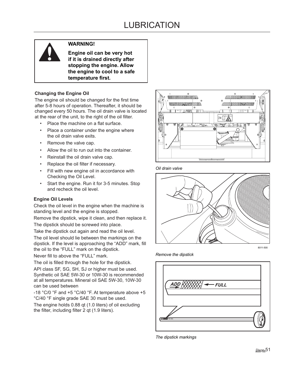 Changing the engine oil, Engine oil levels, Lubrication | Dixon Kohler Ram Ultra 27 User Manual | Page 51 / 72