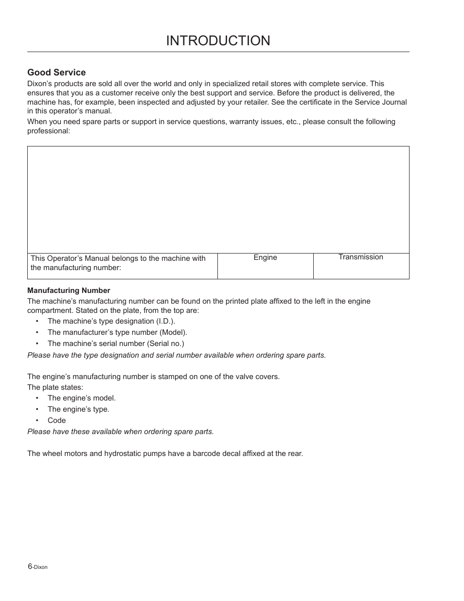 Good service, Introduction | Dixon Kohler Ram Ultra 27 User Manual | Page 6 / 72