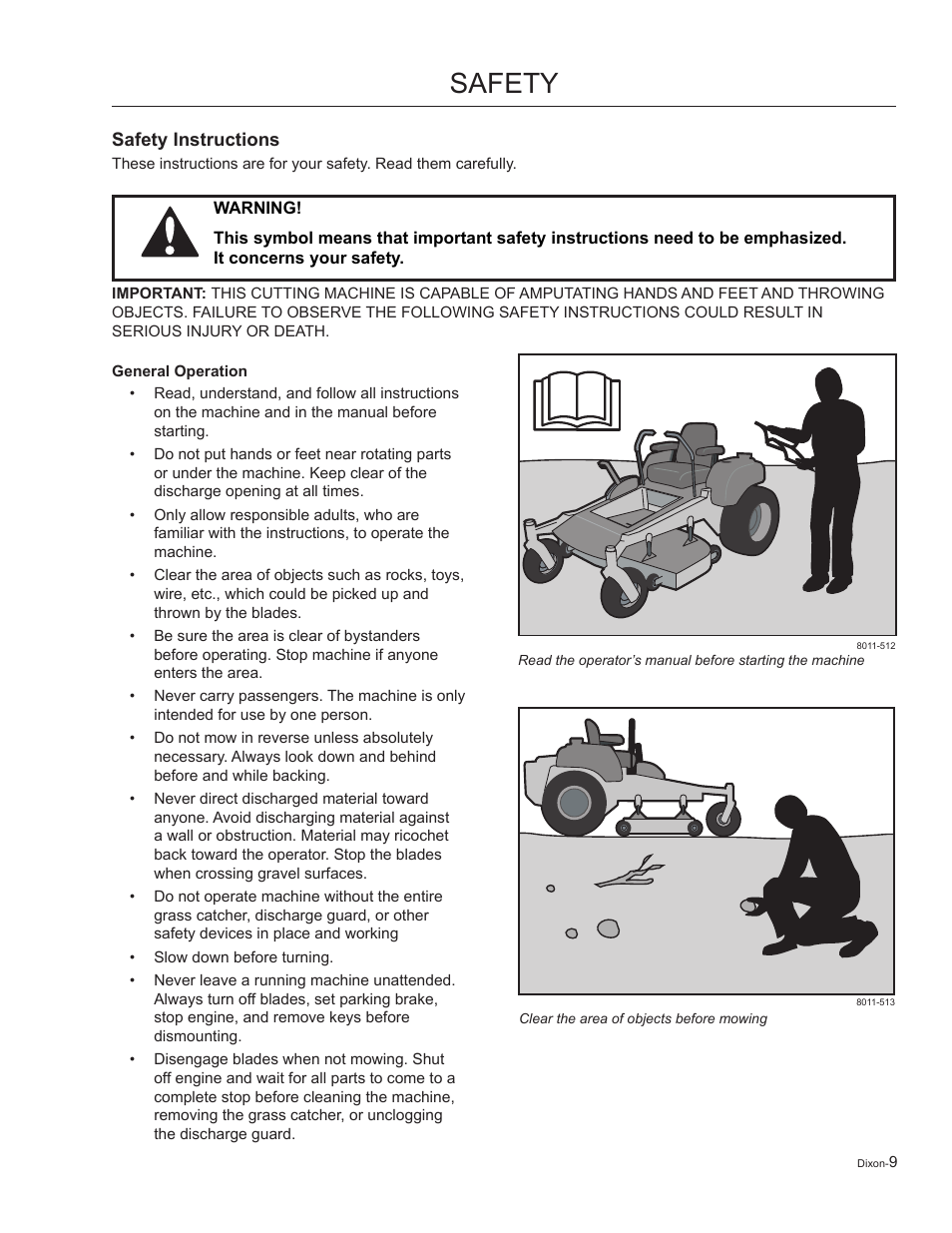 Safety, Safety instructions, General operation | Dixon Kohler Ram Ultra 27 User Manual | Page 9 / 72