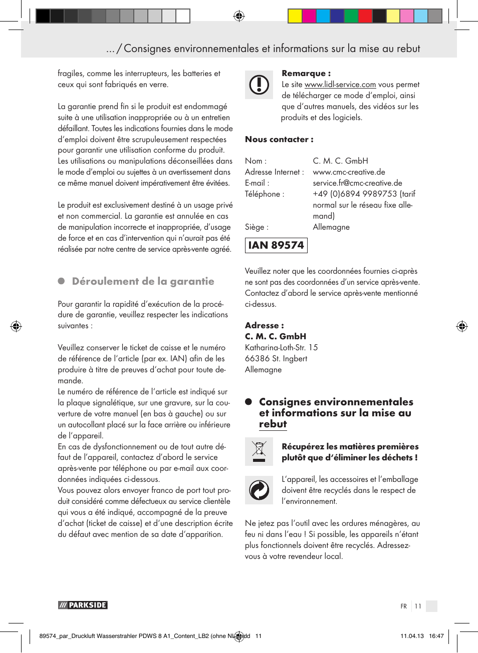 Déroulement de la garantie | Parkside PDWS 8 A1 User Manual | Page 11 / 28