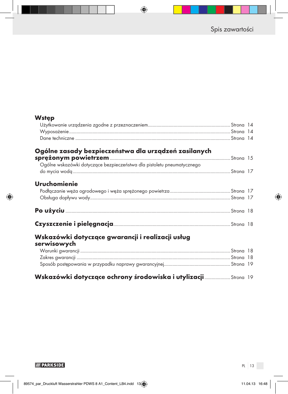 Spis zawartości | Parkside PDWS 8 A1 User Manual | Page 13 / 60