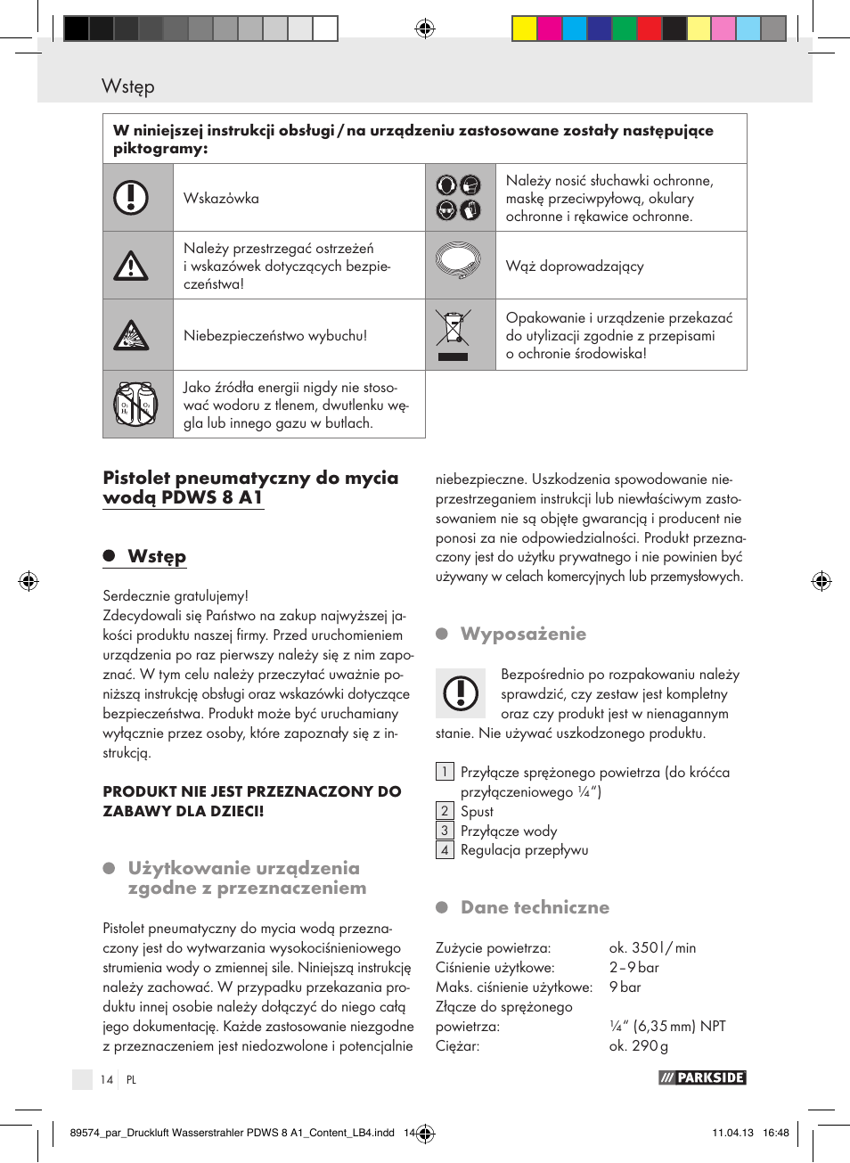 Użytkowanie urządzenia zgodne z przeznaczeniem, Wyposażenie, Dane techniczne | Parkside PDWS 8 A1 User Manual | Page 14 / 60