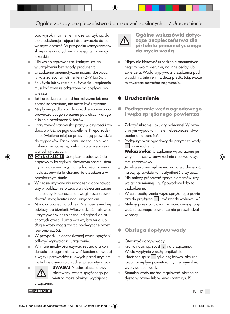 Obsługa dopływu wody | Parkside PDWS 8 A1 User Manual | Page 17 / 60