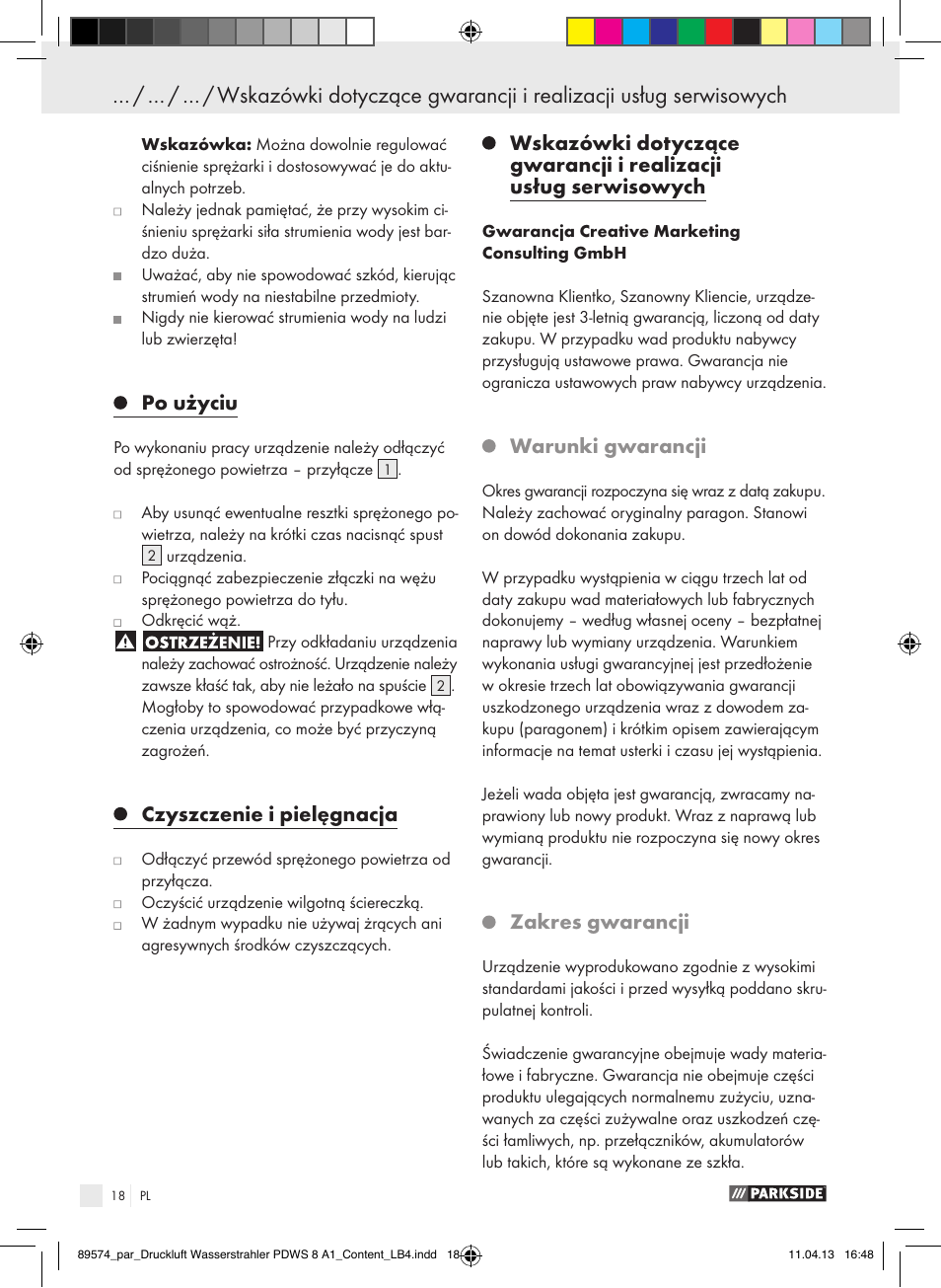 Po użyciu, Czyszczenie i pielęgnacja, Warunki gwarancji | Zakres gwarancji | Parkside PDWS 8 A1 User Manual | Page 18 / 60