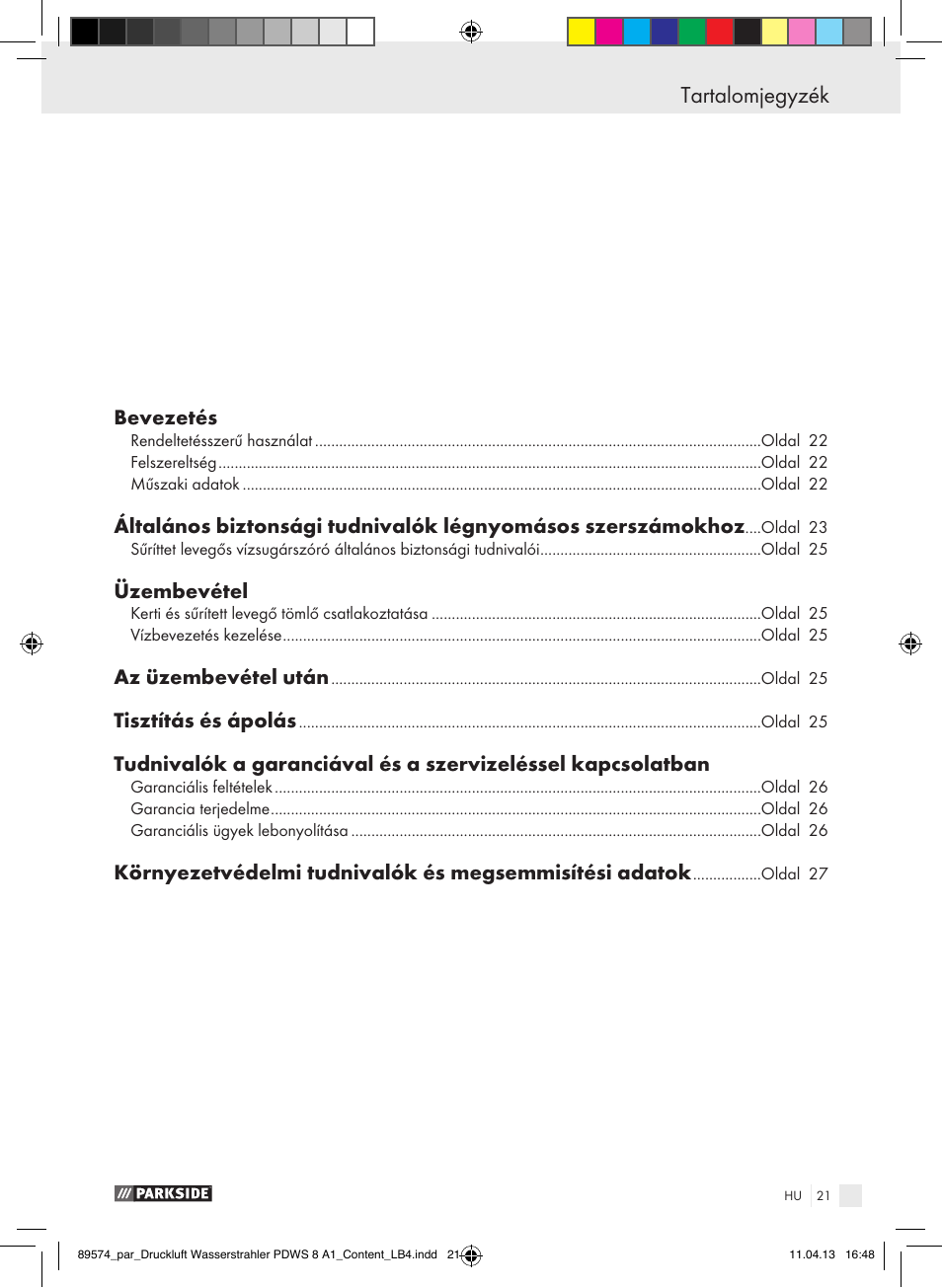 Tartalomjegyzék | Parkside PDWS 8 A1 User Manual | Page 21 / 60