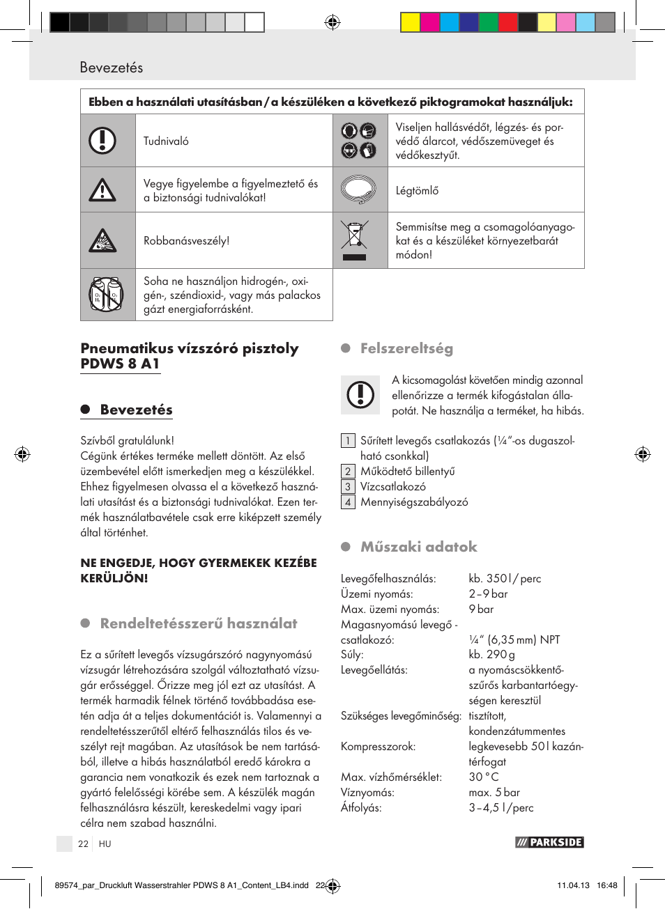 Pneumatikus vízszóró pisztoly pdws 8 a1 bevezetés, Rendeltetésszerű használat, Felszereltség | Műszaki adatok | Parkside PDWS 8 A1 User Manual | Page 22 / 60