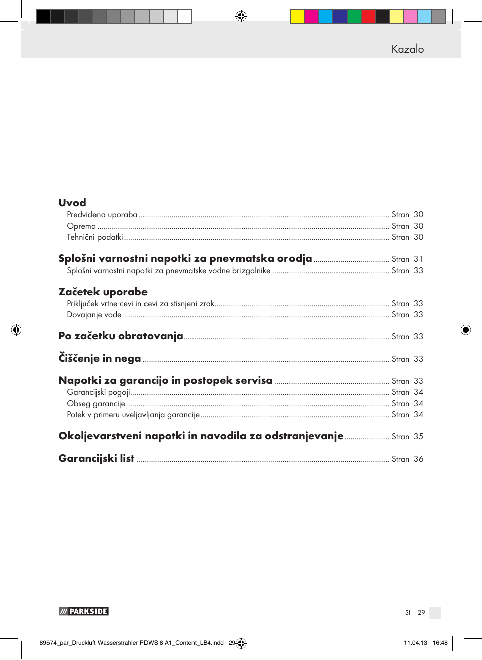 Kazalo | Parkside PDWS 8 A1 User Manual | Page 29 / 60