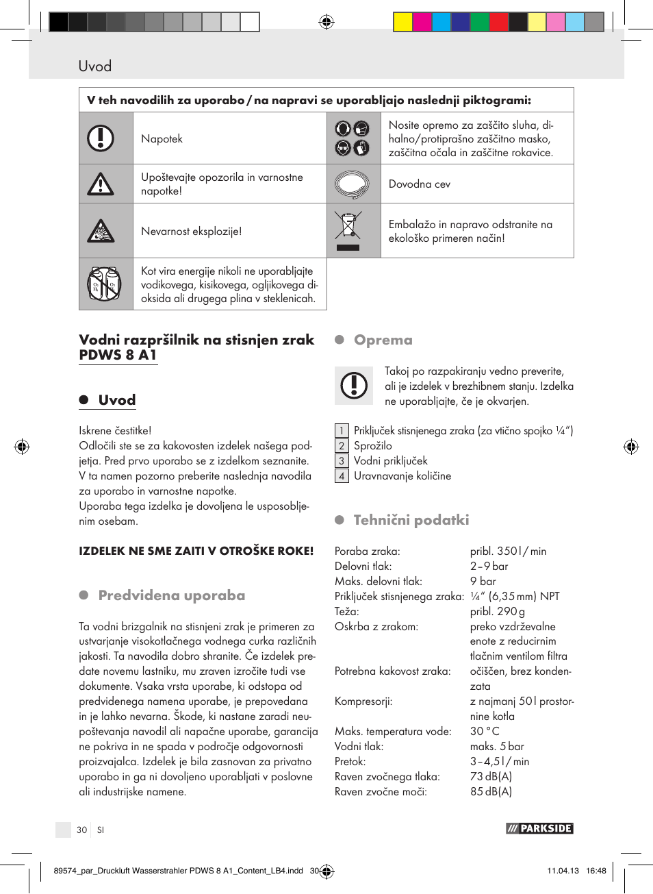 Vodni razpršilnik na stisnjen zrak pdws 8 a1 uvod, Predvidena uporaba, Oprema | Tehnični podatki | Parkside PDWS 8 A1 User Manual | Page 30 / 60
