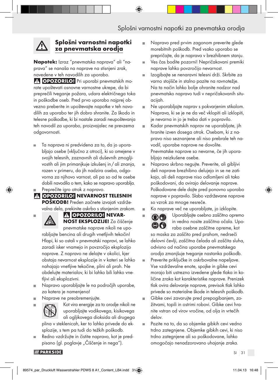 Splošni varnostni napotki za pnevmatska orodja | Parkside PDWS 8 A1 User Manual | Page 31 / 60