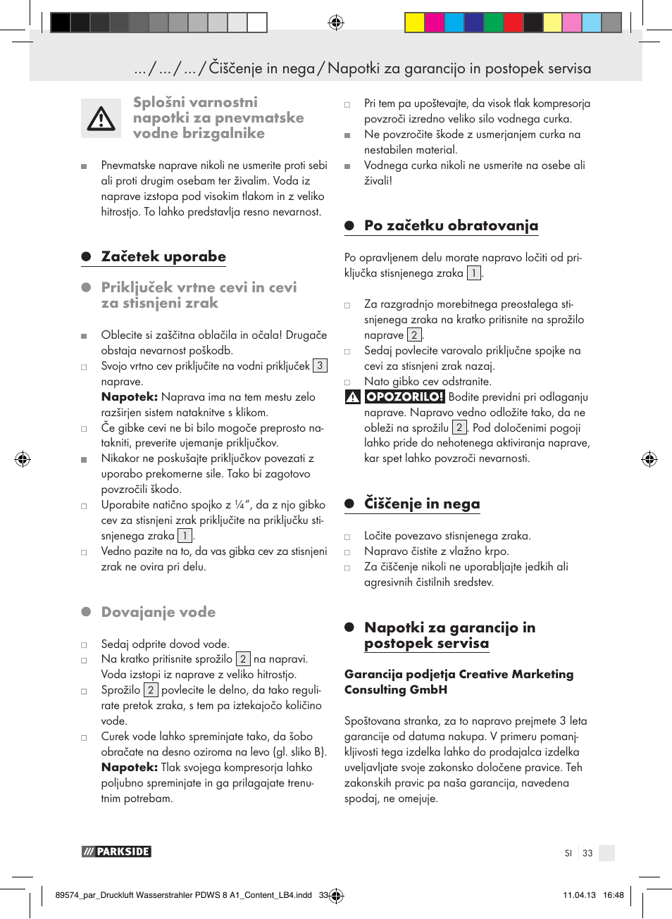 Dovajanje vode, Po začetku obratovanja, Čiščenje in nega | Napotki za garancijo in postopek servisa | Parkside PDWS 8 A1 User Manual | Page 33 / 60