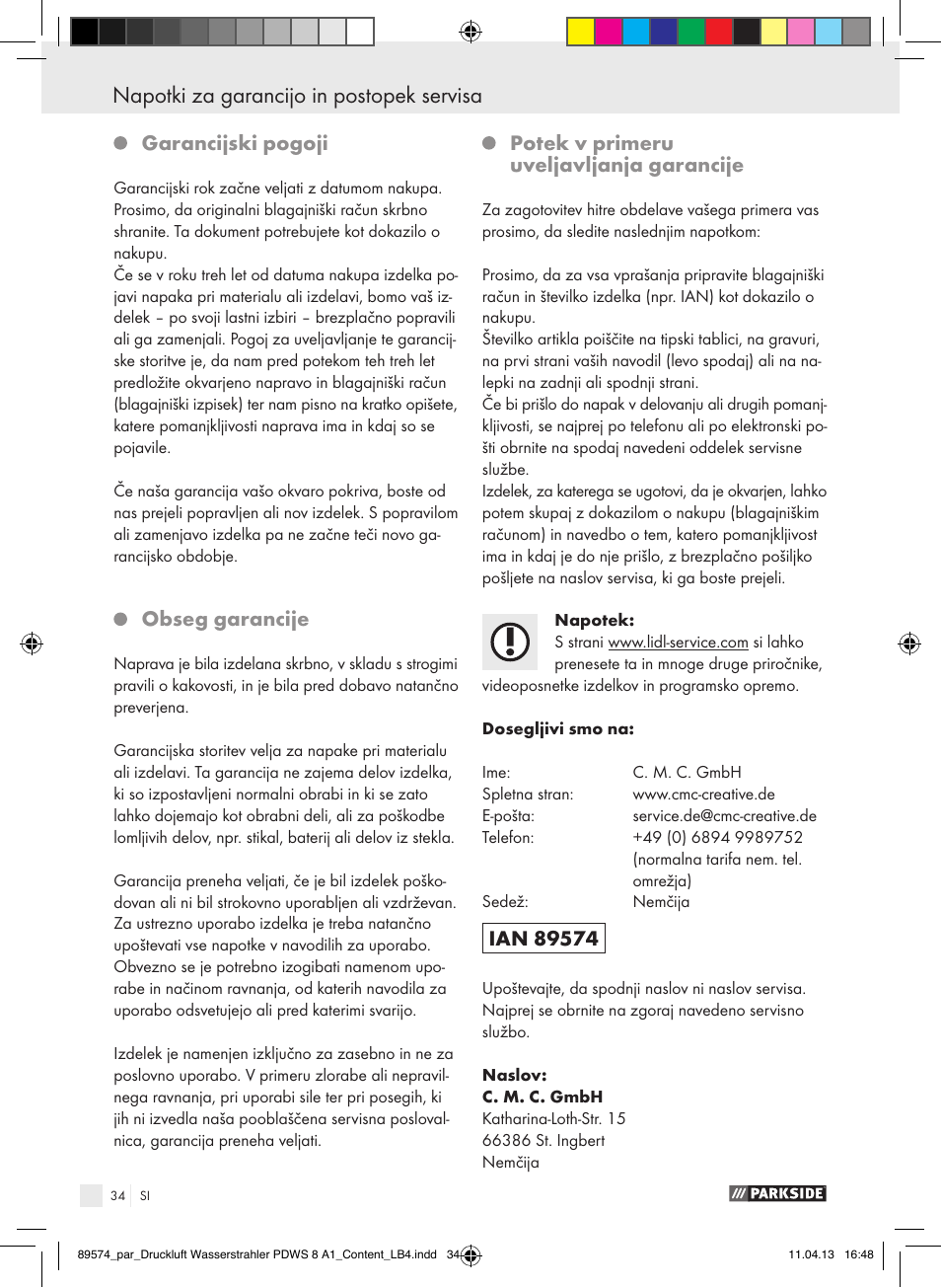 Garancijski pogoji, Obseg garancije, Potek v primeru uveljavljanja garancije | Parkside PDWS 8 A1 User Manual | Page 34 / 60