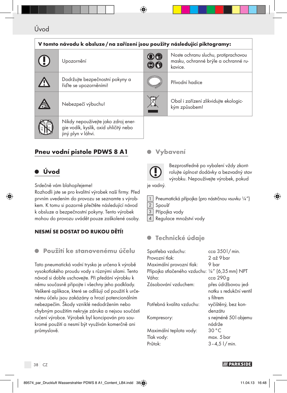 Pneu vodní pistole pdws 8 a1 úvod, Použití ke stanovenému účelu, Vybavení | Technické údaje | Parkside PDWS 8 A1 User Manual | Page 38 / 60