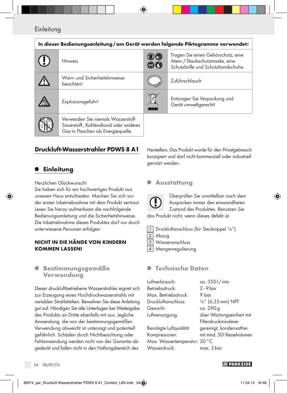 Druckluft-wasserstrahler pdws 8 a1 einleitung, Bestimmungsgemäße verwendung, Ausstattung | Technische daten | Parkside PDWS 8 A1 User Manual | Page 54 / 60