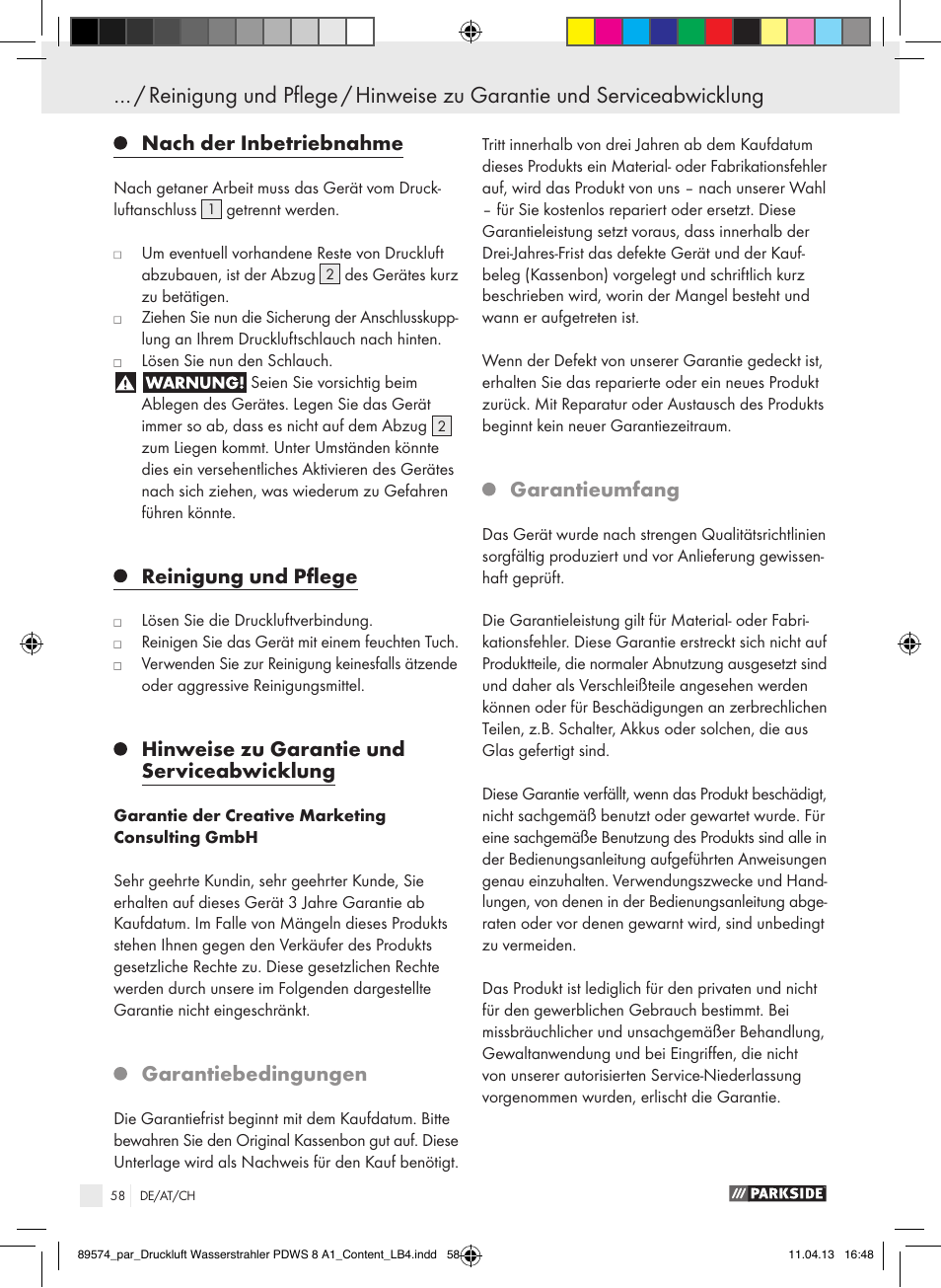 Nach der inbetriebnahme, Reinigung und pflege, Hinweise zu garantie und serviceabwicklung | Garantiebedingungen, Garantieumfang | Parkside PDWS 8 A1 User Manual | Page 58 / 60