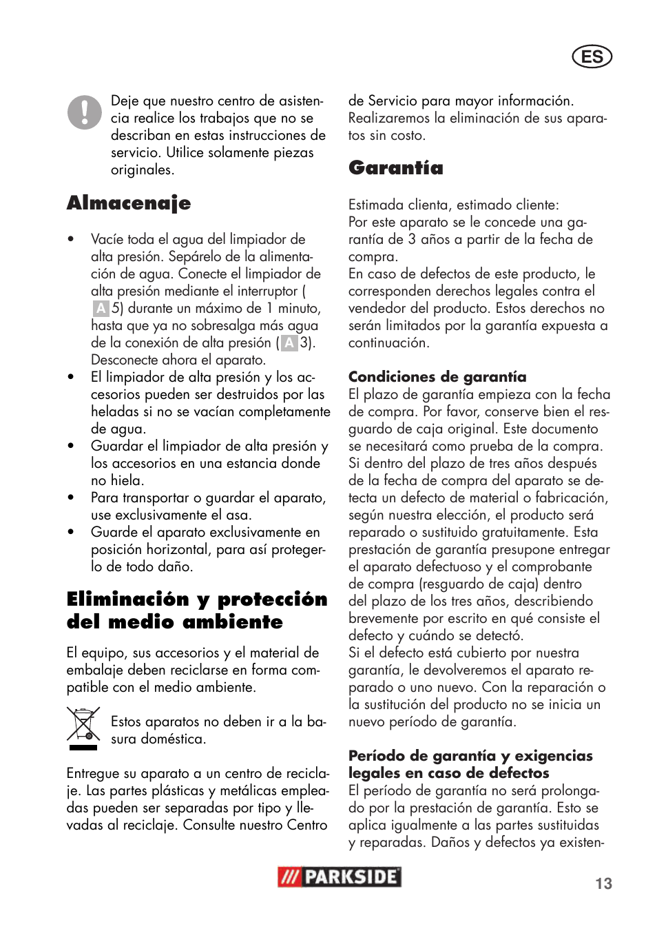 Almacenaje, Eliminación y protección del medio ambiente, Garantía | Parkside PHD 100 C2 User Manual | Page 13 / 69