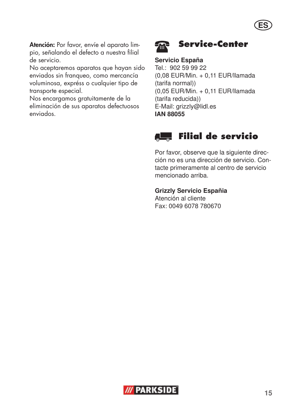 Service-center, Filial de servicio | Parkside PHD 100 C2 User Manual | Page 15 / 69