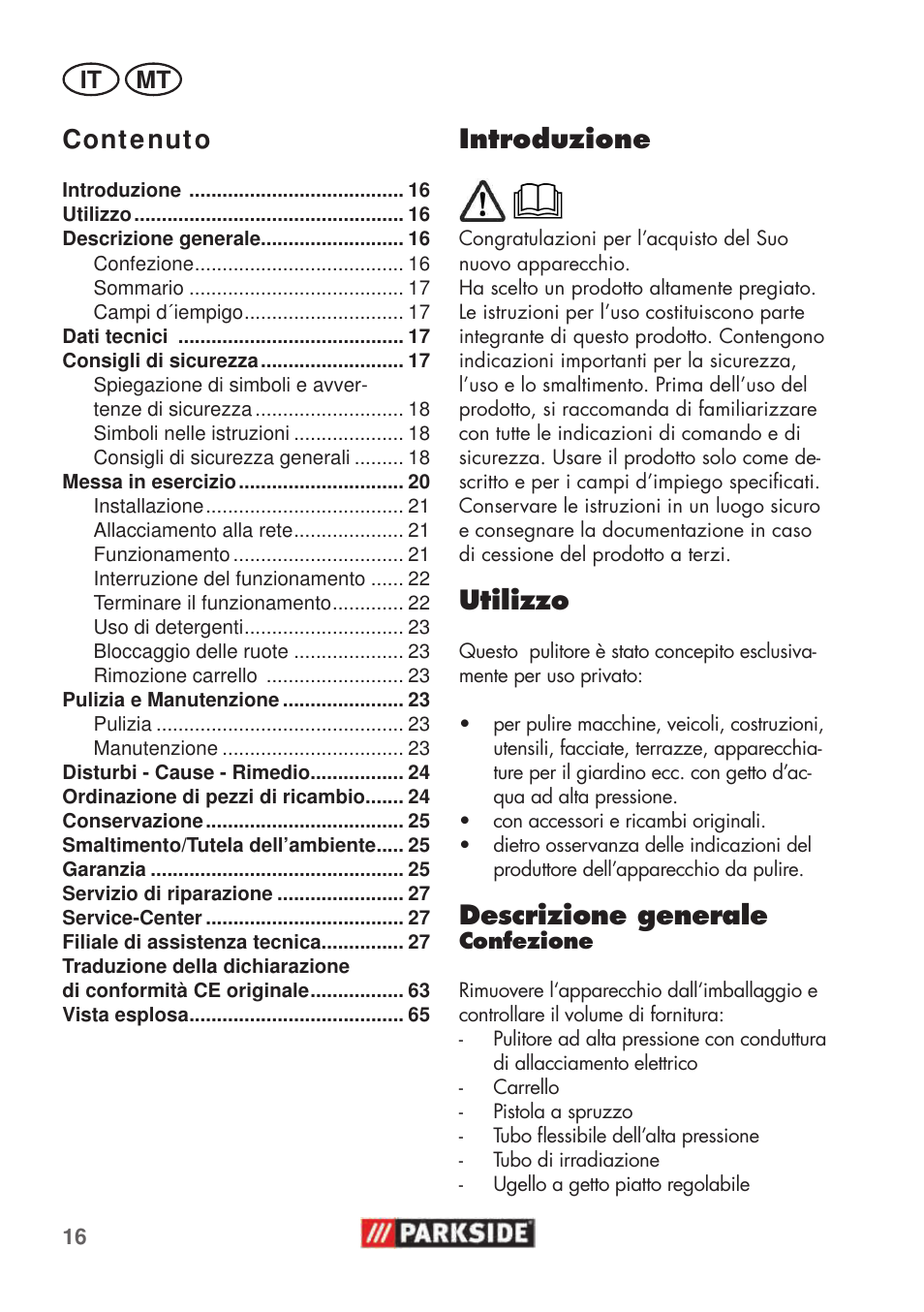 Introduzione, Utilizzo, Descrizione generale | Cont e nut o | Parkside PHD 100 C2 User Manual | Page 16 / 69