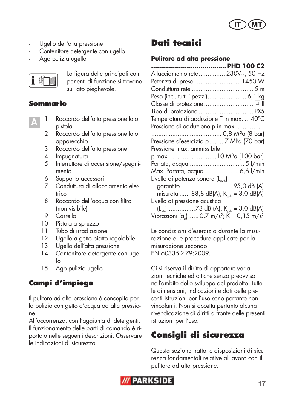 Dati tecnici, Consigli di sicurezza, It mt | Parkside PHD 100 C2 User Manual | Page 17 / 69