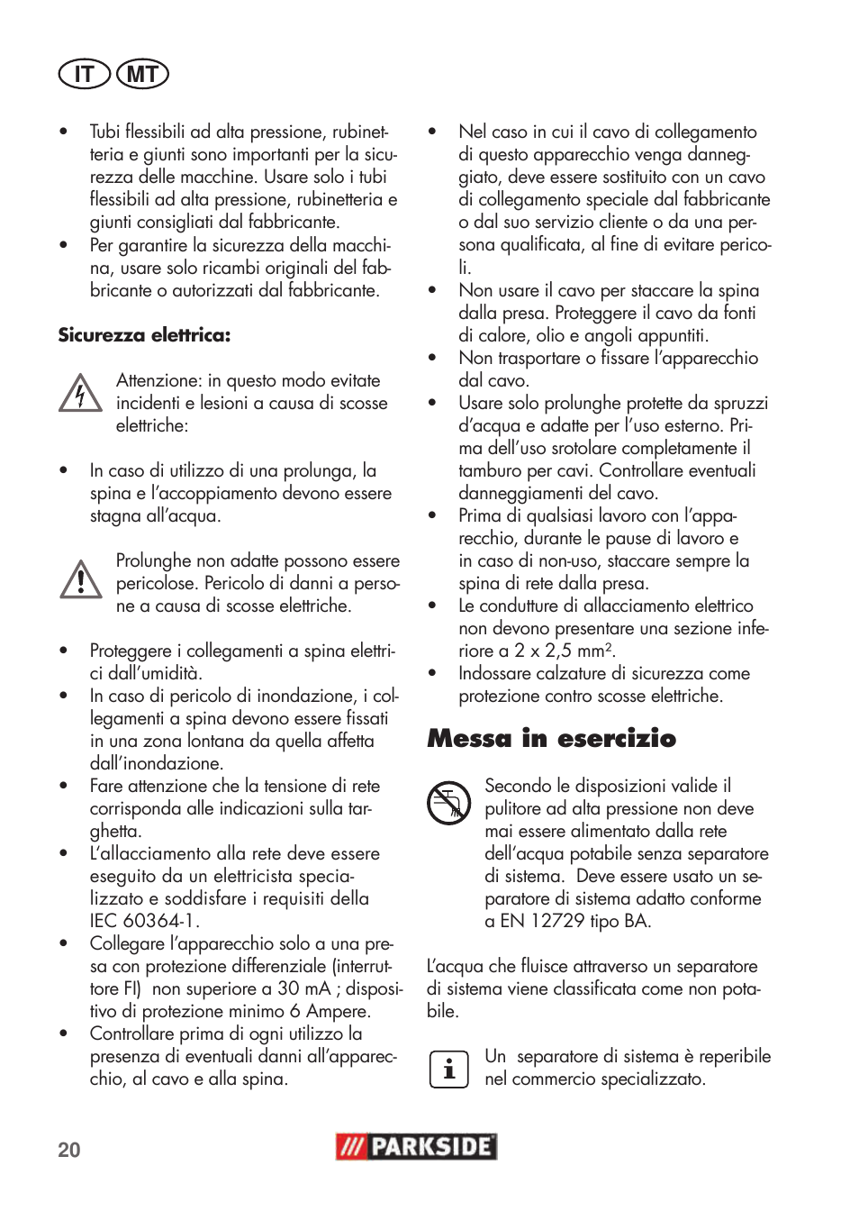 Messa in esercizio, It mt | Parkside PHD 100 C2 User Manual | Page 20 / 69