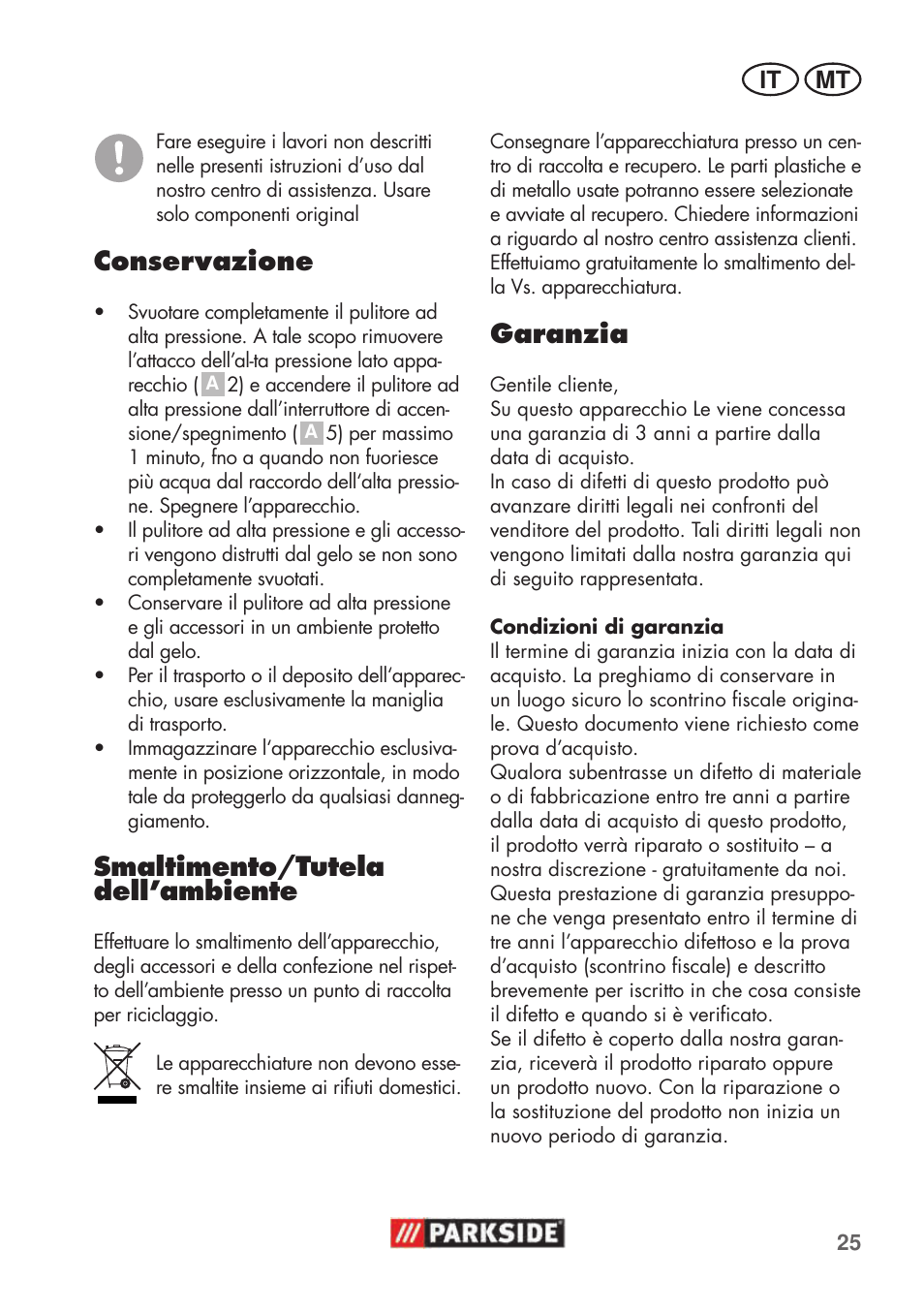 Conservazione, Smaltimento/tutela dell’ambiente, Garanzia | Parkside PHD 100 C2 User Manual | Page 25 / 69