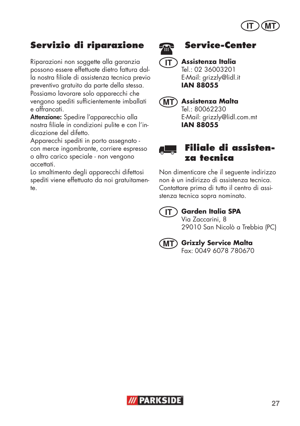 Service-center, Filiale di assisten- za tecnica, Servizio di riparazione | Parkside PHD 100 C2 User Manual | Page 27 / 69