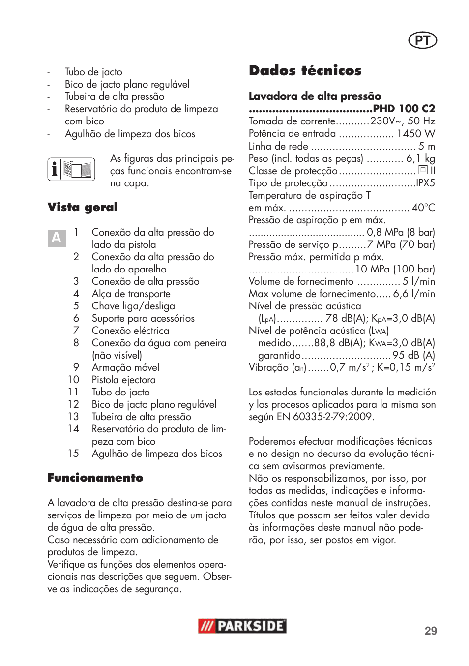 Dados técnicos | Parkside PHD 100 C2 User Manual | Page 29 / 69