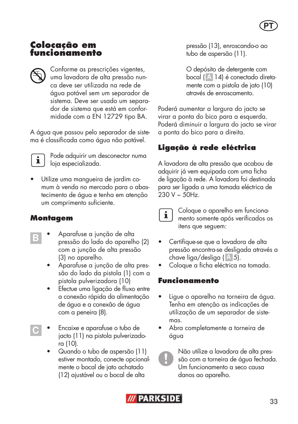 Colocação em funcionamento | Parkside PHD 100 C2 User Manual | Page 33 / 69