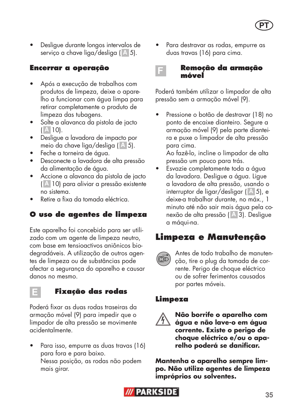 Limpeza e manutenção | Parkside PHD 100 C2 User Manual | Page 35 / 69