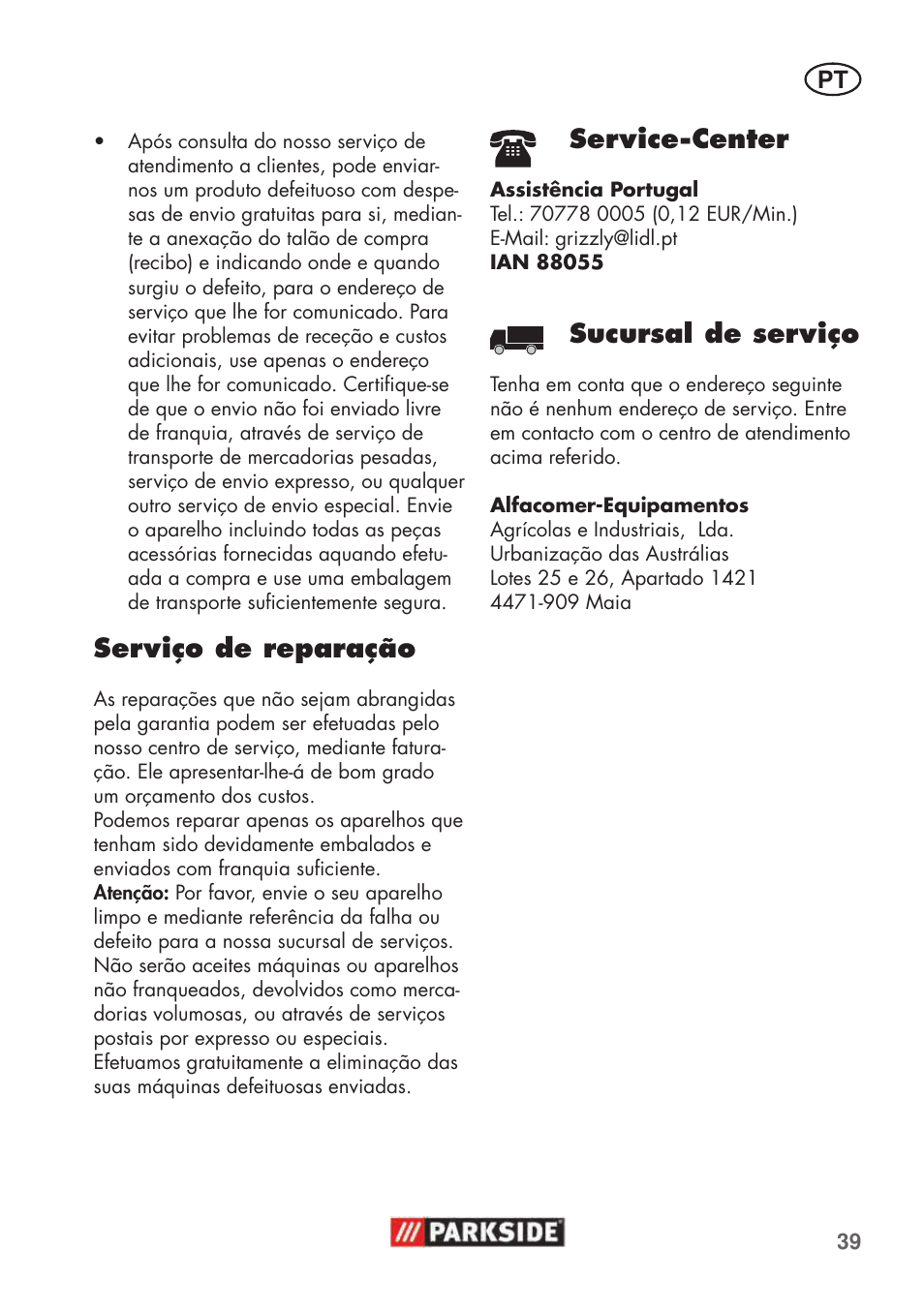 Serviço de reparação, Service-center, Sucursal de serviço | Parkside PHD 100 C2 User Manual | Page 39 / 69