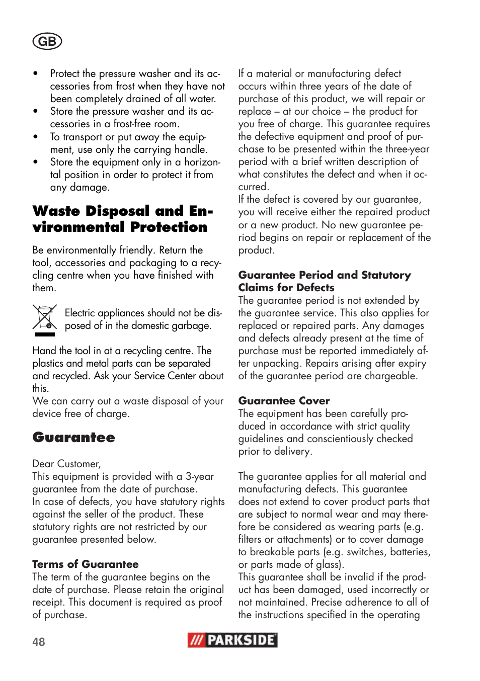 Waste disposal and en- vironmental protection, Guarantee | Parkside PHD 100 C2 User Manual | Page 48 / 69