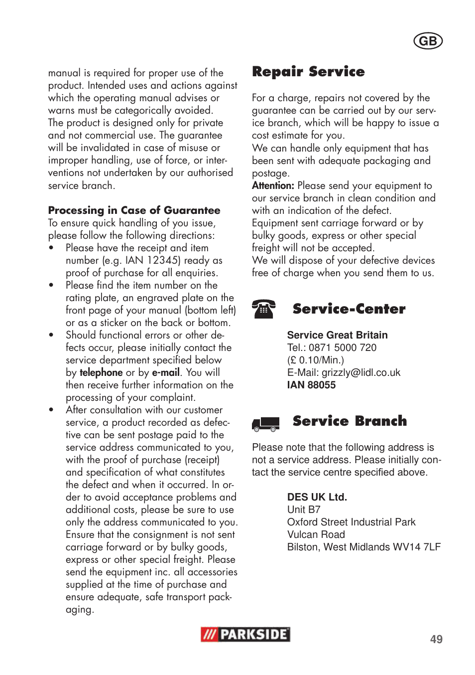 Service-center, Service branch, Repair service | Parkside PHD 100 C2 User Manual | Page 49 / 69