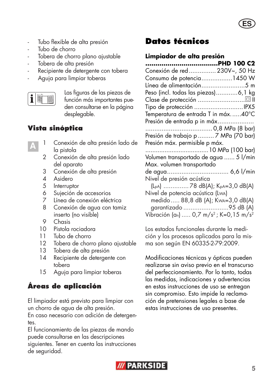Datos técnicos | Parkside PHD 100 C2 User Manual | Page 5 / 69