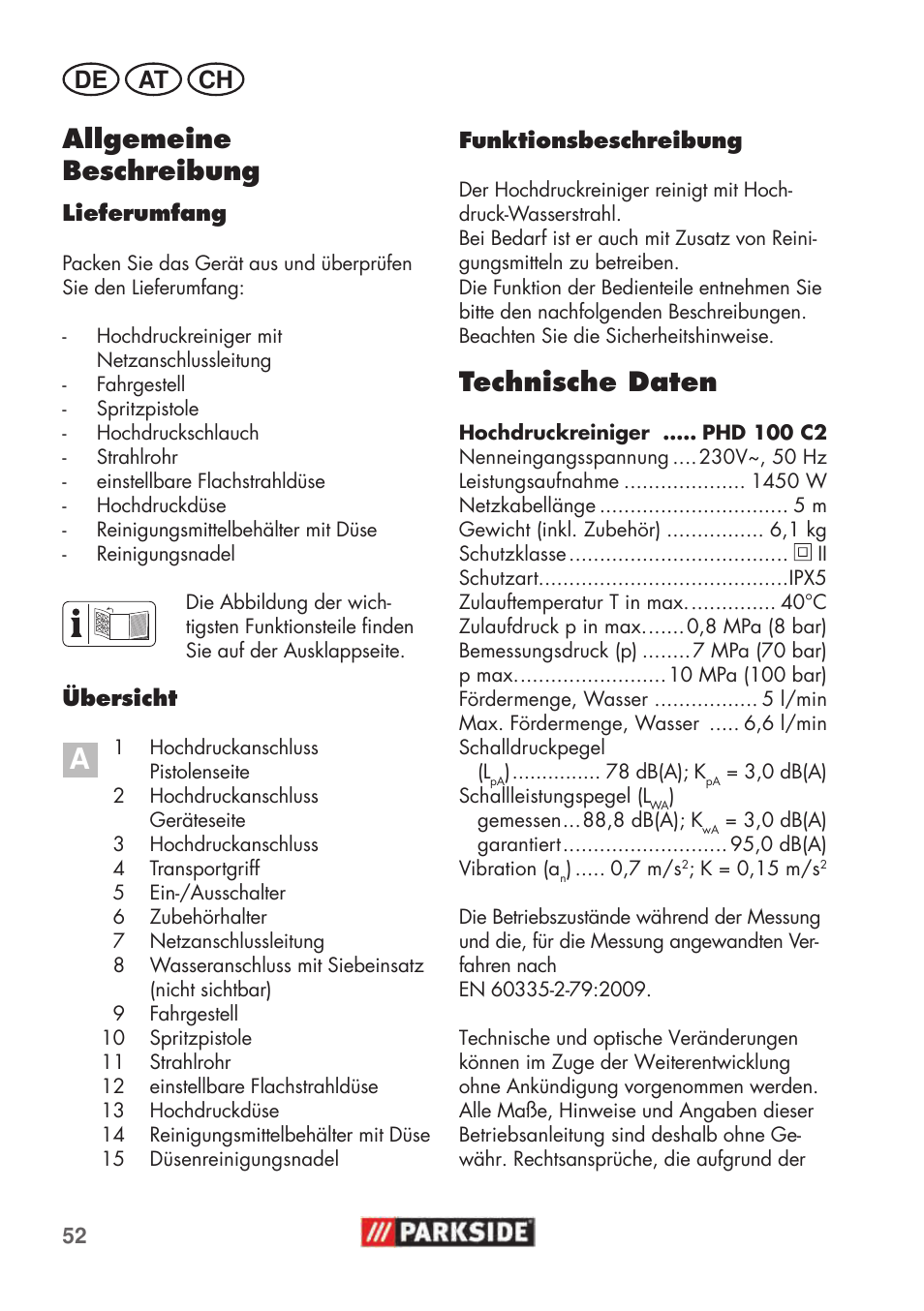 Technische daten, Allgemeine beschreibung, De at ch | Parkside PHD 100 C2 User Manual | Page 52 / 69