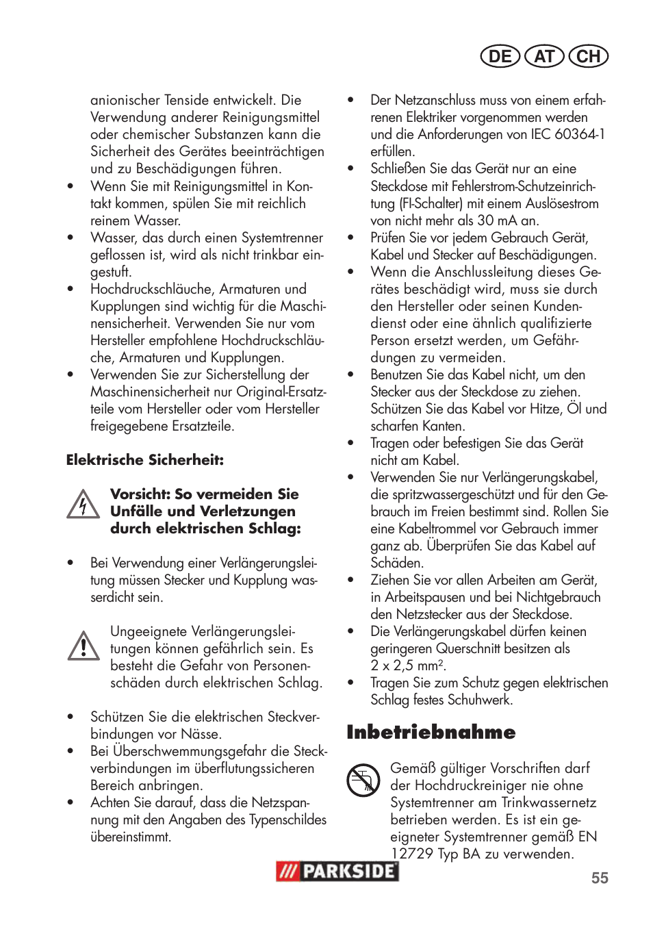 Inbetriebnahme, De at ch | Parkside PHD 100 C2 User Manual | Page 55 / 69