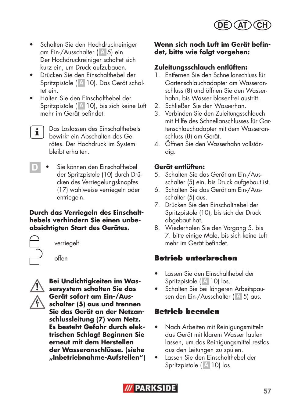 De at ch | Parkside PHD 100 C2 User Manual | Page 57 / 69