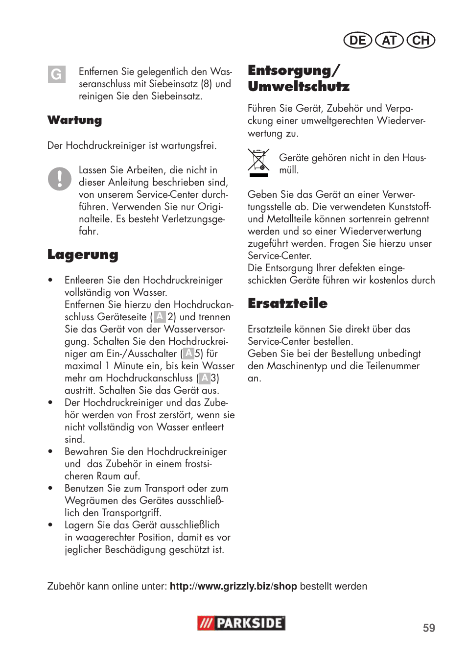 Lagerung, Entsorgung/ umweltschutz, Ersatzteile | Parkside PHD 100 C2 User Manual | Page 59 / 69